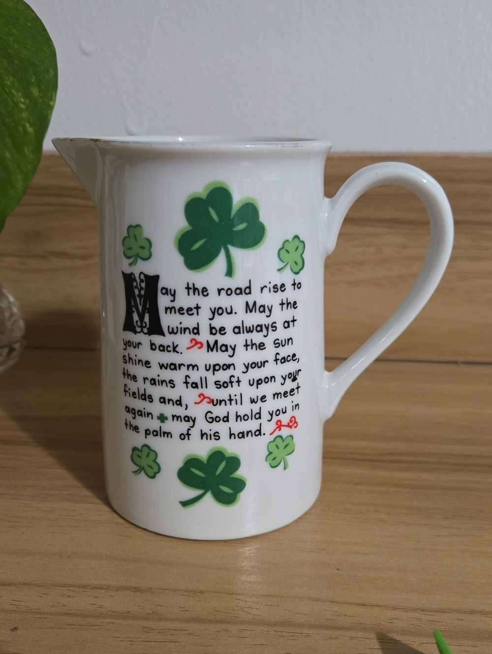 White Ceramic Irish Blessing Shamrock Creamer Pitcher - Home Dining